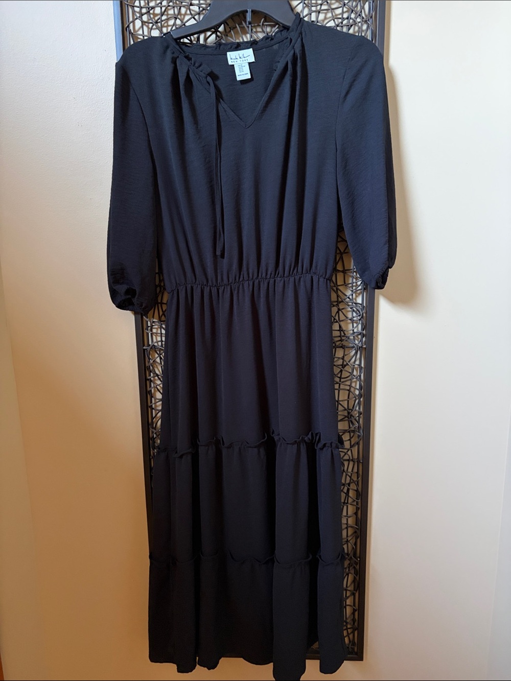 Nicole Miller Black Tiered Maxi Dress with V-Neck Tie